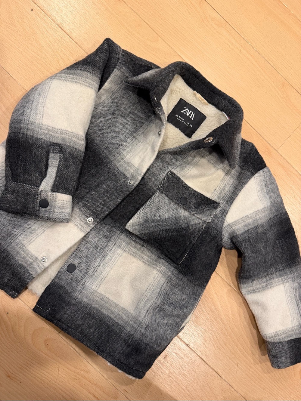 Zara Kids Black & White Plaid Sherpa-Lined Shacket